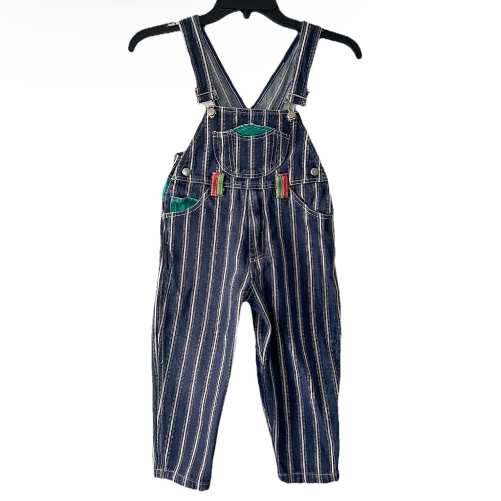 Vintage 1990s BoBo Toddler Denim Overalls 2T 3T Blue Green White Jean Striped